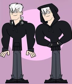 two cartoon characters standing next to each other with their hands on their hipss, one wearing