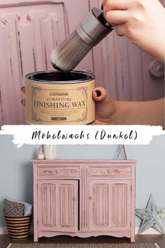 a person holding a paint can over a dresser with the words finishing wax on it