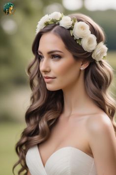 a woman with long hair and flowers in her hair is wearing a white wedding dress