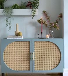 a blue cabinet with wicker doors and plants on top, next to a white shelf