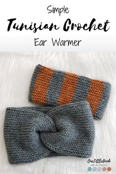 two knitted headbands with orange and gray stripes on them, the text reads simple