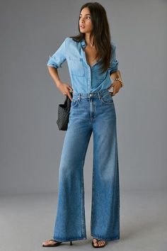 Denim Jeans Outfit Women, Wide Leg Outfit, Jeans For Tall Women, Palazzo Jeans, Denim Jeans Outfit, Wide Legged Jeans, Looks Jeans, Woman Pants