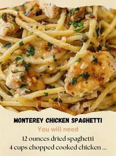 an advertisement for spaghetti with chicken in it