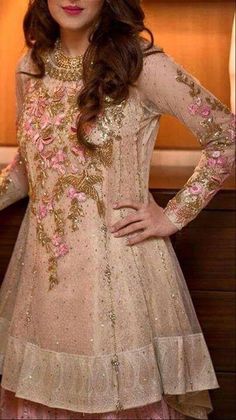 Pakistani Wedding Party Dresses in Golden Pink Color Work Embellished with Pure Dabka Zari Nagh Pearls & Threads Work,  Visit Now : www.NameerabyFarooq.com or Call / Whatsapp : +1 732-910-5427 Lehenga Photos, Bridal Asia, Pakistan Wedding, Golden Dress, Pakistani Wedding Outfits, Sisters Dress, Red Lehenga, Wedding Clothes, Wedding Party Dress