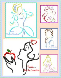 the silhouettes of princesses are drawn in different colors and sizes, including one with an apple