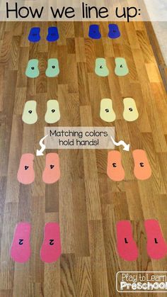 a wooden floor with different colors on it and the words, how we line up matching colors