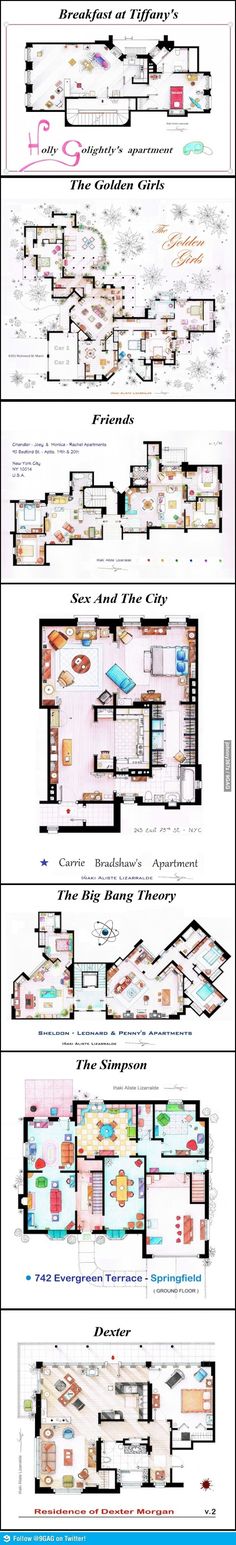 the floor plan for an apartment building with multiple levels and sections, all in different colors