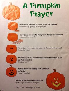 a poster with pumpkins on it that says, a pumpkin prayer for children and adults