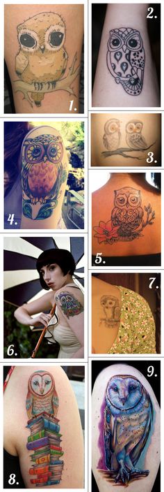 many different tattoos on the back of women's backs and arms, all with owls