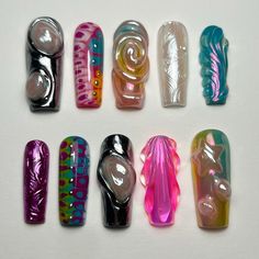 Long Colorful Nails, A Very Hungry Caterpillar, Nail Design Glitter, Nyc Nails, Art Deco Nails, Hippie Nails, Punk Nails, Tie Dye Nails, Colorful Nails