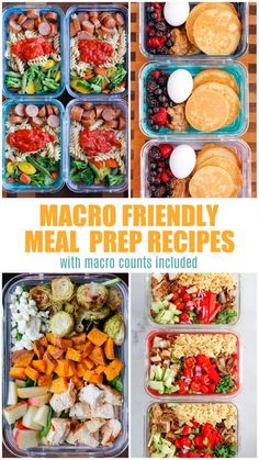 the meal prepped in plastic containers with text overlay that reads, macro friendly meal prep