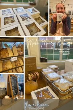 a collage of photos showing bakery items