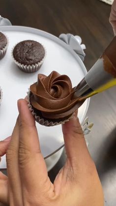 someone is decorating cupcakes with chocolate frosting on a white platter