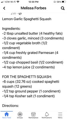 the recipe for lemon garlic spaghetti squash is shown on an iphone screen, with instructions to make it