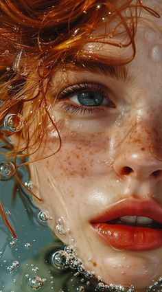 a woman with freckled hair and blue eyes is submerged in the ocean water