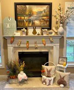 a fireplace decorated for easter with bunny decorations