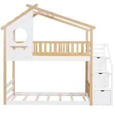 a white bunk bed with a wooden roof and stairs on the bottom level, against a white background