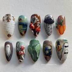 Fall Art Nail Designs, Halloween Designs Nails, Mushroom Fall Nails, Fall Vibe Nails, Over The Garden Wall Nails, Vintage Halloween Nails, 2024 Fall Nails, Halloween Witch Nails