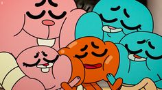 three cartoon characters are hugging each other in front of a colorful wall with faces and eyes