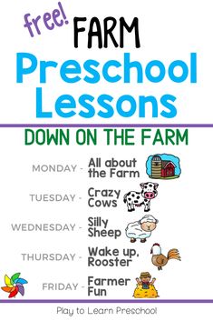 a poster with the words, free farm preschool lessons down on the farm and an image of