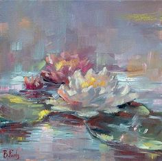 an oil painting of water lillies in a pond