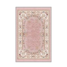 a pink rug with an ornate design on the bottom and sides, in various colors