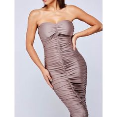 This mocha colored midi dress is just as sexy as she needs to be. Featuring: Sweetheart strapless with molded cups in bust Silicone tape in bodice to hold up the top Super stretchy and fitted 95% Polyester, 5% Spandex Ruching throughout for a flattering fit Invisible Back Zip closure Midi length Fully lined Model is 5'9" Bust 33"| Waist 25"| Hips 36", and is wearing a size S. Flare Maxi Skirt, Silicone Tape, Ribbed Maxi Dress, How To Look Rich, Mocha Color, Strapless Midi Dress, Ribbed Midi Dress, Los Angeles Style, Denim Flares