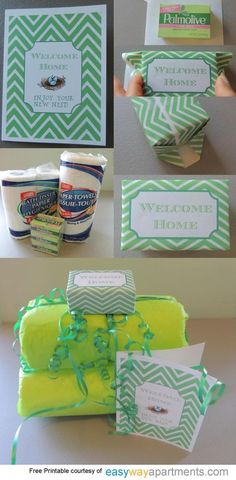 the instructions for making a welcome home card and gift wrapper with green ribbon on it