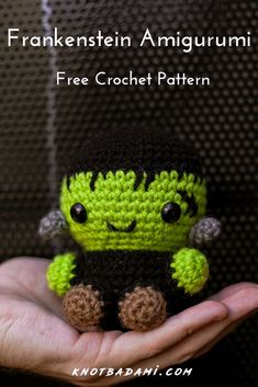 a hand holding a small crocheted creature in it's left hand with the text franklin amigurmi free crochet pattern