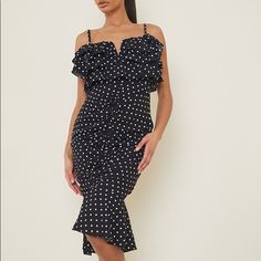 Worn Once - Polka Dot Midi Dress Like Brand New Size 6 Please Feel Free To Request Additional Photos Chic Polka Dot Midi Dress With Ruffles, Knee-length Polka Dot Dress With Ruffles, Polka Dot Ruffled Mini Dress, Polka Dot Knee-length Dress With Ruffle Hem, Summer Polka Dot Midi Dress With Ruffles, Polka Dot Midi Dress With Ruffles For Summer, Polka Dot Ruffled Midi Dress For Summer, Polka Dot Fitted Midi Dress With Ruffle Hem, Polka Dot Mini Dress With Ruffles For Date Night