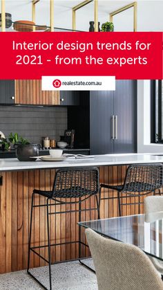 the interior design trend for 2012 - from the experts cover shows an open kitchen and dining area with bar stools