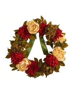 a wreath with red and white flowers on it