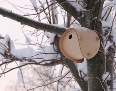 a bird house hanging from a tree in the snow