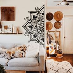 a dog laying on top of a couch in a living room next to a wall