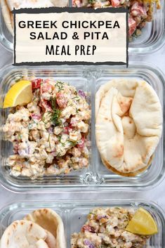 greek chickpea salad and pita meal prepped in plastic containers with lemon wedges