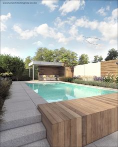 an outdoor swimming pool with steps leading up to it and a wooden bench on the side