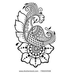 a black and white drawing of a peacock on a flower