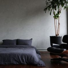 a bedroom with a bed, chair and potted plant