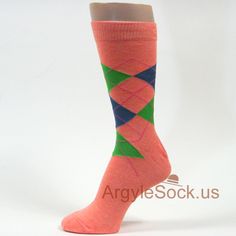 USH091:  PEACH, BRIGHT GREEN, DARK BLUE ARGYLE MEN'S DRESS SOCKS Socks For Men, Style Change, Dress Socks, Mens Style