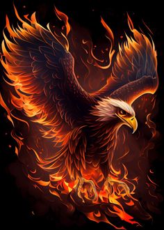 an eagle flying through the air with flames on it's wings, and surrounded by fire