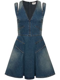 V-neck denim minidress from Alexander McQueen featuring blue, cotton, V-neck, sleeveless, pleated skirt, cut-out detailing, rear zip fastening and distressed finish. This item is in size 38 and the color is Blue Alexander Mcqueen Dresses, Flared Denim, Latest Fashion Design, Denim Mini Dress, Denim Flares, Roberto Cavalli, Designer Outfits Woman, Victoria Beckham, Jeans Denim