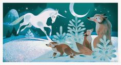 an illustration of animals in the snow with stars and moon behind them, as if they were looking for something to eat