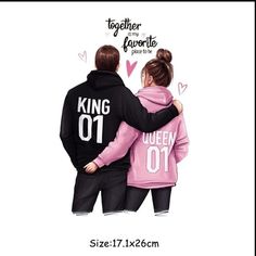 two people are wearing hoodies with the words king and queen on them