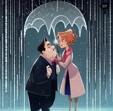 a man and woman standing under an umbrella in the rain, looking at each other