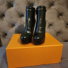 Brand New In Box With Dust Bags And Replacement Taps. Perfect For The Winter Season! Super Stylish! Luxury Evening Platform Boots, Luxury Formal Platform Boots, Designer Platform Boots For Formal Occasions, Lv Heels, Thigh High Platform Boots, Monogram Boots, Louis Vuitton Heels, Shoes Louis Vuitton, Black Platform Boots