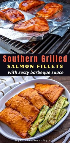 grilled salmon fillets with zesty barbecue sauce and zucchini on the side