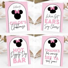 four minnie mouse birthday party signs with pink bows