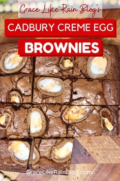 cadbury creme egg brownies on a cutting board with eggs in the middle