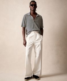 Relaxed Linen Stripe Montauk Polo in Navy Linen Trousers Outfit Men, Trousers Outfit Men, Sweatshorts Shorts, Polo Coat, Gaucho Pants, Johnny Collar, Linen Sweater, Linen Tshirts, Linen Trousers