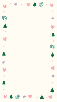 a white background with pink and green christmas trees on the left side, surrounded by hearts